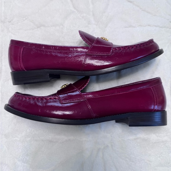 Tory Burch Burgundy Patent Leather Penny Loafers with Gold Logo - Picture 7 of 12